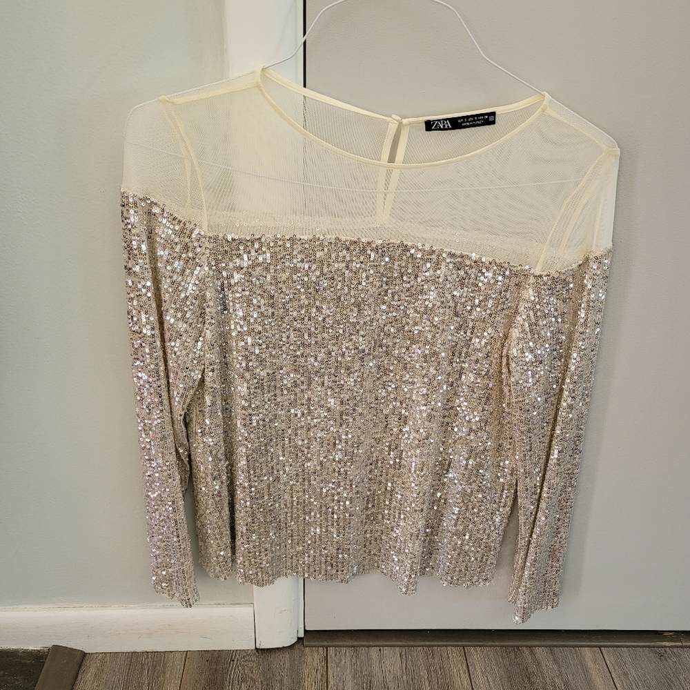 Zara Champagne Sequin Long-Sleeve Top with Sheer Yoke